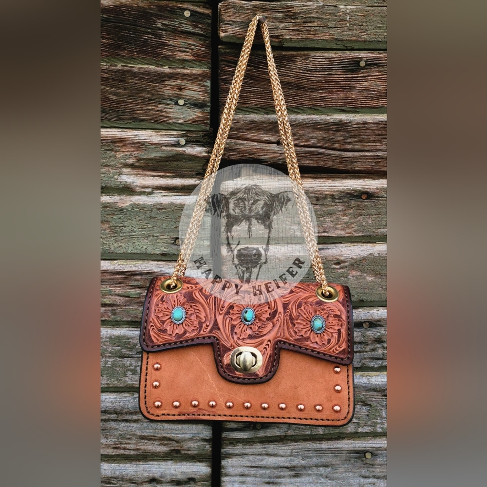 Boot-Stitch Toast Leather Floral Handbag - Stadium Approved